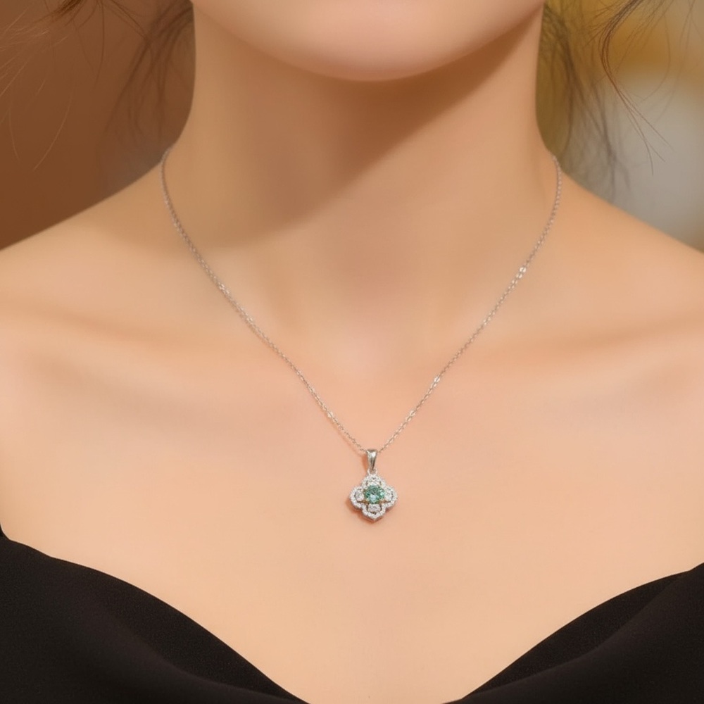 Moissanite Sterling Silver Green Blue Clover Pendant Necklace. New.